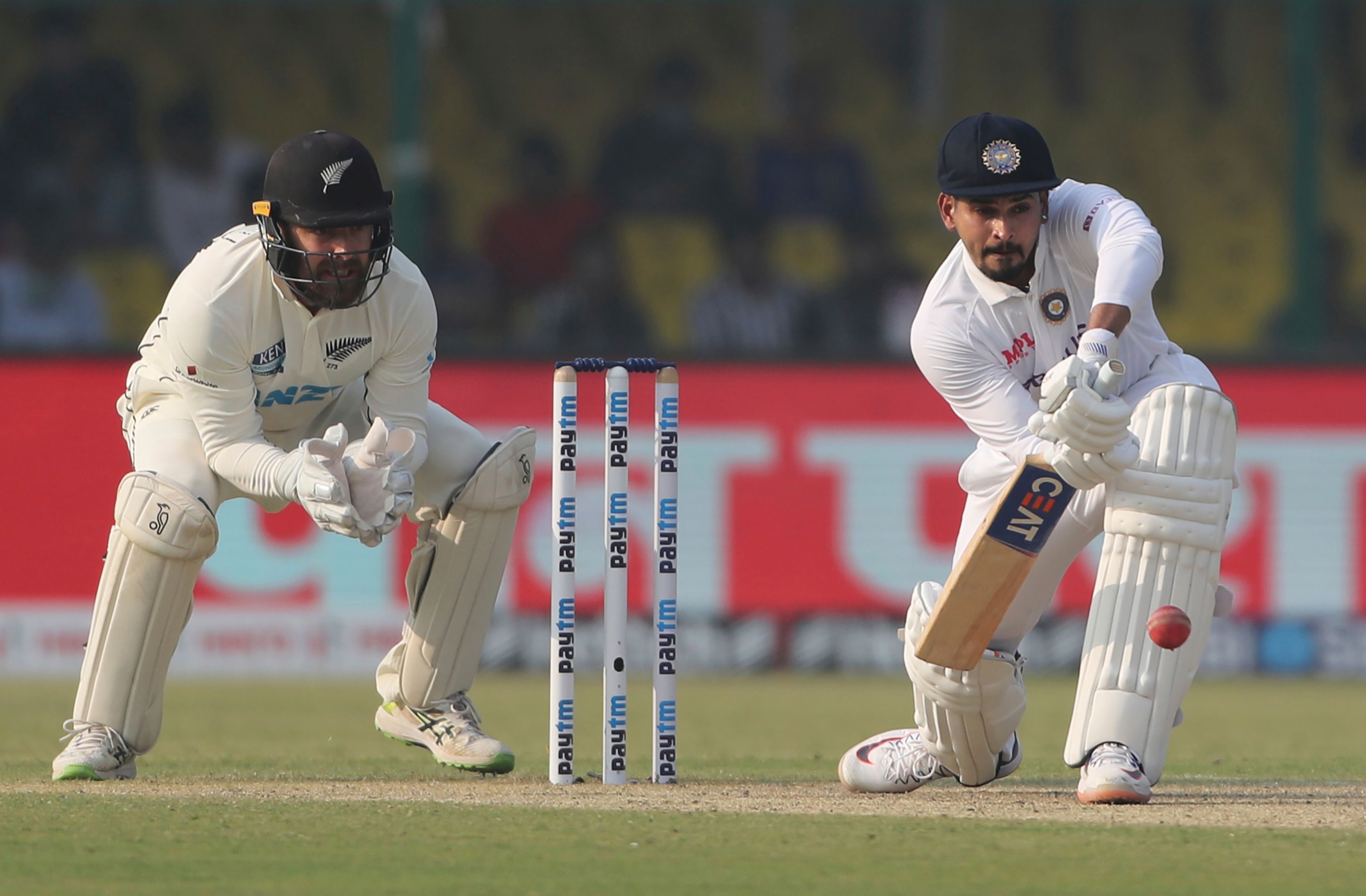 Shreyas Iyer plays a defensive shot during the day one of their first Test against New Zealand in Kanpur. (AP)