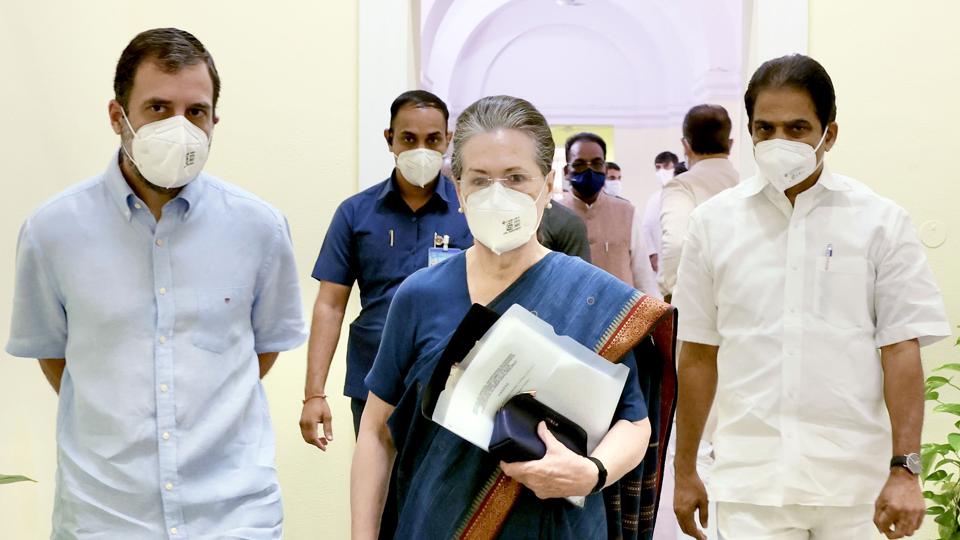 Congress interim president Sonia Gandhi with party leaders Rahul Gandhi (left) and KC Venugopal. (ANI file photo) Congress interim president Sonia Gandhi with party leaders Rahul Gandhi (left) and KC Venugopal. (ANI file photo)