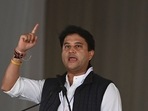 Civil Aviation Minister Jyotiraditya Scindia speaks during an event to lay the foundation stone of the Noida International Airport in Jewar.