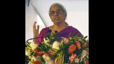Union finance and corporate affairs minister Nirmala Sitharaman speaking during the inaugural function of Income Tax department’s new building in Lucknow on Friday. (HT Photo)