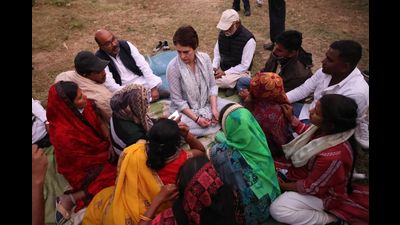 Priyanka Gandhi meeting grieving family members of the four members of a Dalit family killed in Mohanganj Gohri village of Phaphamau in Prayagraj on Friday. (HT Photo) Priyanka Gandhi meeting grieving family members of the four members of a Dalit family killed in Mohanganj Gohri village of Phaphamau in Prayagraj on Friday. (HT Photo)