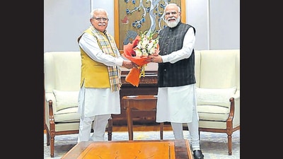 Prime Minister Narendra Modi with Haryana Chief Minister Manohar Lal Khattar during their meeting in New Delhi. (PTI) Prime Minister Narendra Modi with Haryana Chief Minister Manohar Lal Khattar during their meeting in New Delhi. (PTI)