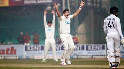 New Zealand's Tim Southee appeals for dismissal during the Day-2 of the 1st Test match between India and New Zealand, at Green Park International Stadium, in Kanpur on Friday. (ANI) New Zealand's Tim Southee appeals for dismissal during the Day-2 of the 1st Test match between India and New Zealand, at Green Park International Stadium, in Kanpur on Friday. (ANI)