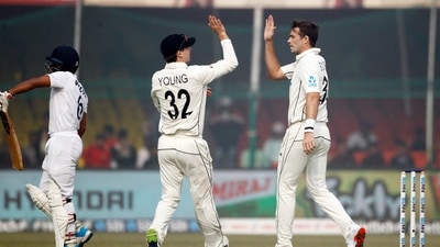 Kanpur, Nov 26 (ANI): New Zealand's Tim Southee celebrates the dismissal of India's Wriddhiman Saha during the Day-2 of the 1st Test match between India and New Zealand, at Green Park International Stadium, in Kanpur on Friday. (ANI Photo) (ANI) Kanpur, Nov 26 (ANI): New Zealand's Tim Southee celebrates the dismissal of India's Wriddhiman Saha during the Day-2 of the 1st Test match between India and New Zealand, at Green Park International Stadium, in Kanpur on Friday. (ANI Photo) (ANI)