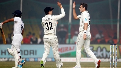 New Zealand's Tim Southee celebrates the dismissal of India's Wriddhiman Saha during the Day-2 of the 1st Test match between India and New Zealand, at Green Park International Stadium, in Kanpur on Friday. (ANI) New Zealand's Tim Southee celebrates the dismissal of India's Wriddhiman Saha during the Day-2 of the 1st Test match between India and New Zealand, at Green Park International Stadium, in Kanpur on Friday. (ANI)
