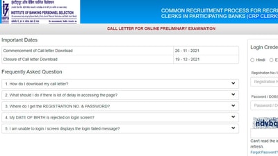 IBPS clerk prelims admit cards 2021: The IBPS clerk prelims admit card will be available for download until December 19. (ibps.in)