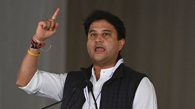 Civil Aviation Minister Jyotiraditya Scindia speaks during an event to lay the foundation stone of the Noida International Airport in Jewar. (AFP) Civil Aviation Minister Jyotiraditya Scindia speaks during an event to lay the foundation stone of the Noida International Airport in Jewar. (AFP)
