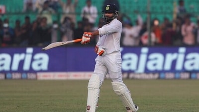 India's Ravindra Jadeja gestures after scoring fifty runs during the day one of their first test cricket match with New Zealand in Kanpur, India, Thursday, Nov. 25, 2021. (AP) India's Ravindra Jadeja gestures after scoring fifty runs during the day one of their first test cricket match with New Zealand in Kanpur, India, Thursday, Nov. 25, 2021. (AP)