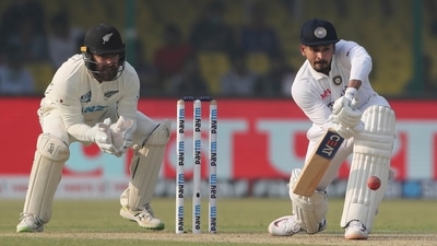 Shreyas Iyer plays a defensive shot during the day one of their first Test against New Zealand in Kanpur. (AP)