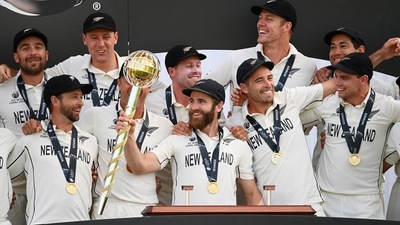 New Zealand players celebrate after winning the WTC final against India. (ICC/TWITTER) New Zealand players celebrate after winning the WTC final against India. (ICC/TWITTER)
