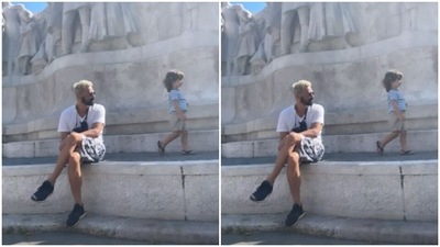 Arjun looked out for baby Arik as he walked in front of him. (Instagram/@gabriellademetriades) Arjun looked out for baby Arik as he walked in front of him. (Instagram/@gabriellademetriades)