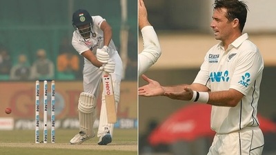 Tim Southee was clearly not happy about R Ashwin accidentally running on the pitch. (BCCI) Tim Southee was clearly not happy about R Ashwin accidentally running on the pitch. (BCCI)