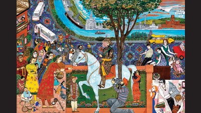 A wedding scene in modern-day miniature style by The Singh Twins. (Image courtesy Hub India) A wedding scene in modern-day miniature style by The Singh Twins. (Image courtesy Hub India)