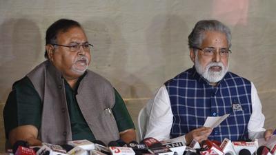TMC leaders Partha Chatterjee and Sudip Bandopadhyay interact with the media before announcing the list of TMC candidates for the Kolkata Municipal Corporation election at Kalighat in Kolkata on Friday. (SAMIR JANA/HT PHOTO.) TMC leaders Partha Chatterjee and Sudip Bandopadhyay interact with the media before announcing the list of TMC candidates for the Kolkata Municipal Corporation election at Kalighat in Kolkata on Friday. (SAMIR JANA/HT PHOTO.)