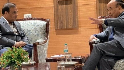 Mizoram CM Zoramthanga and his Assam counterpart Himanta Biswa Sarma during a meeting in New Delhi on Thursday evening. (Twitter/Zoramthanga.) Mizoram CM Zoramthanga and his Assam counterpart Himanta Biswa Sarma during a meeting in New Delhi on Thursday evening. (Twitter/Zoramthanga.)