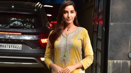 Nora Fatehi clicked outside HRX office at Juhu. (Varinder Chawla)