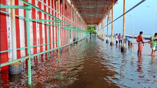 Waterlogged premises of the Thiruchendur temple following heavy rain in Thoothukudi, Tamil Nadu, on Thursday. (PTI)