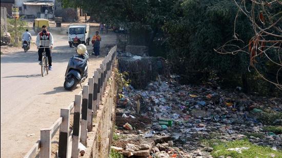 Garbage seen accumulating in Sukhna Choe, which also gets polluted with sewage from various points. (Sant Arora/HT)