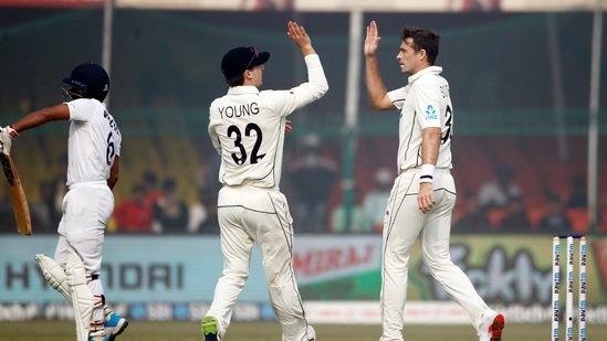 Kanpur, Nov 26 (ANI): New Zealand's Tim Southee celebrates the dismissal of India's Wriddhiman Saha during the Day-2 of the 1st Test match between India and New Zealand, at Green Park International Stadium, in Kanpur on Friday. (ANI Photo)(ANI)
