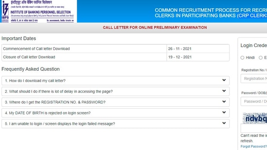 IBPS clerk prelims admit cards 2021: The IBPS clerk prelims admit card will be available for download until December 19.(ibps.in)