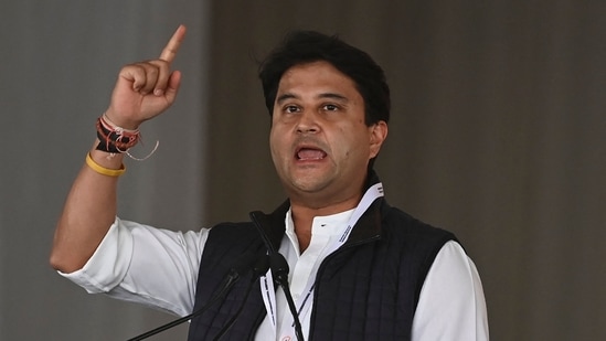 Civil Aviation Minister Jyotiraditya Scindia speaks during an event to lay the foundation stone of the Noida International Airport in Jewar.(AFP)