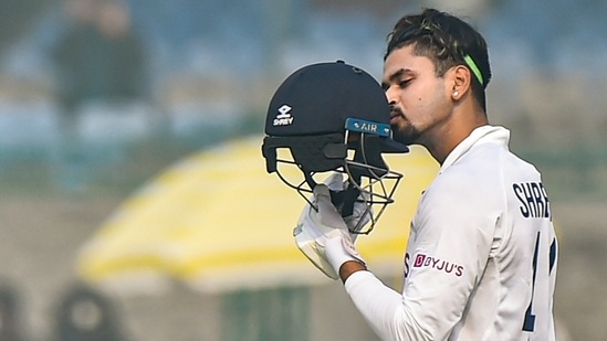 Kanpur: India's Shreyas Iyer celebrates after scoring century during the second day of the first test cricket match between India and New Zealand, at the Green Park Stadium, in Kanpur, Friday, Nov. 26, 2021. (PTI Photo/Arun Sharma) (PTI11_26_2021_000016A)(PTI)