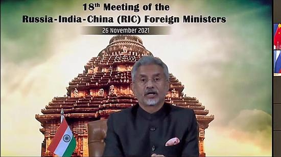 External affairs minister Dr S Jaishankar virtually addresses the 18th meeting of the Russia-India-China Foreign Ministers, in New Delhi.(ANI)