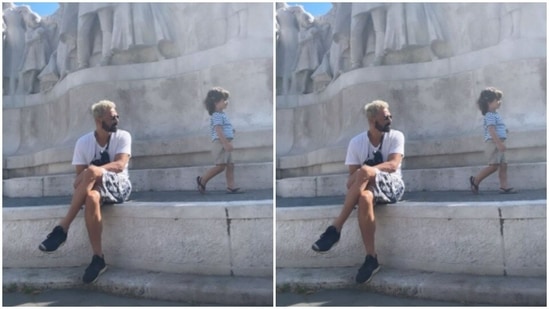 Arjun looked out for baby Arik as he walked in front of him.(Instagram/@gabriellademetriades)