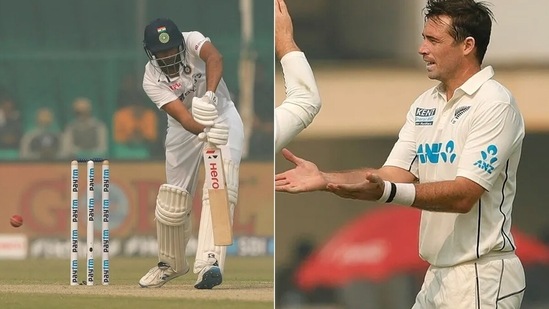 Tim Southee was clearly not happy about R Ashwin accidentally running on the pitch. (BCCI)