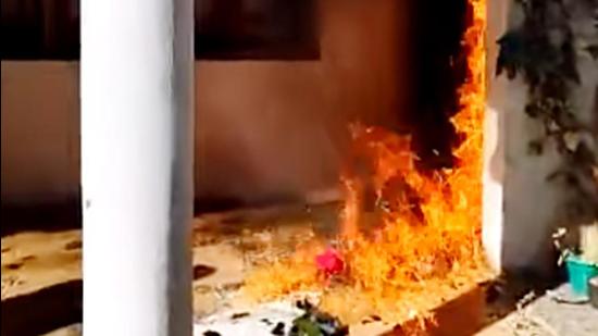 Congress leader Salman Khurshid's house in Uttarakhand’s Naninital district was vandalised on November 15 during a protest over his observations in his newly-launched book 'Sunrise Over Ayodhya',. (ANI)