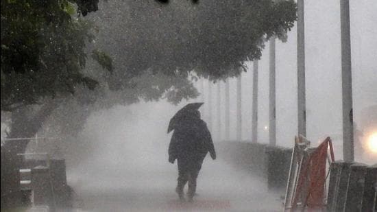 A pedestrian is seen amid heavy rain near Marina beach in Chennai on Friday. (PTI)