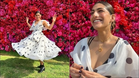 Kubbra Sait recently visited Dubai in collaboration with Tourism Ireland and her smoking hot look in a polka-dotted flutter sleeve wrap dress left fans swooning.(Instagram/gauriandnainika/kubbrasait)