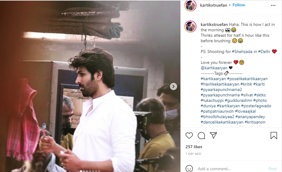 A fan account shares a pic of Kartik Aaryan from the sets of Shehzada.&nbsp;