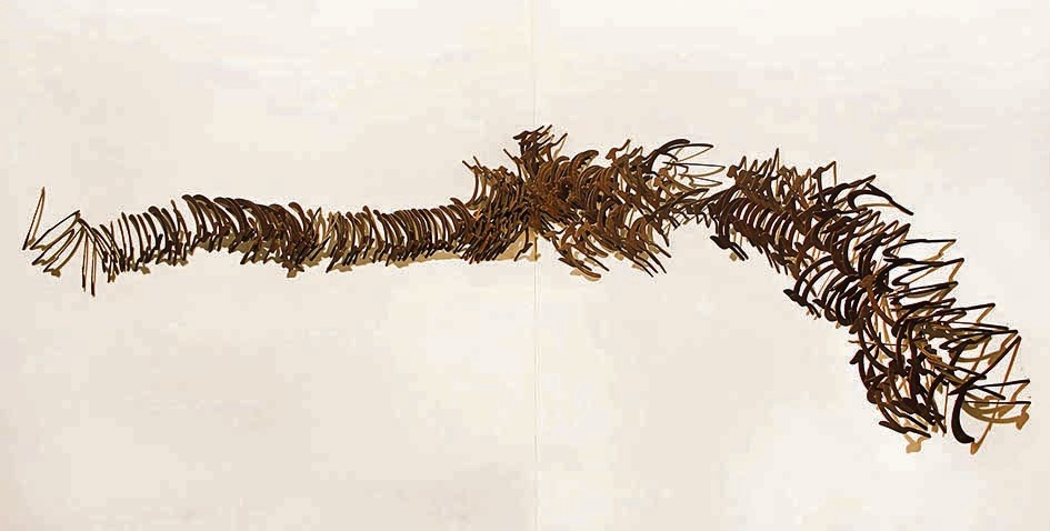 In a comment on rural and agrarian distress, Shambhavi Singh uses 480 iron sickles to represent a flock of birds, in a work titled Chiriya Udd. (Image courtesy Hub India) In a comment on rural and agrarian distress, Shambhavi Singh uses 480 iron sickles to represent a flock of birds, in a work titled Chiriya Udd. (Image courtesy Hub India)