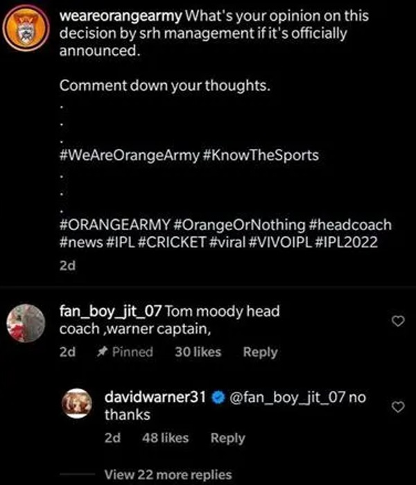 David Warner's response suggests that he no longer has anything to do with Sunriser's Hyderabad. (Instagram) David Warner's response suggests that he no longer has anything to do with Sunriser's Hyderabad. (Instagram)