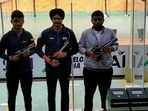 Shiva Narwal (left), Sarabjot Singh and Harsh Gupta pose after the men's final at senior national championships. Shiva Narwal (left), Sarabjot Singh and Harsh Gupta pose after the men's final at senior national championships.