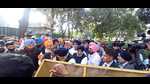Shiromani Akali Dal leaders, including party chief Sukhbir Singh Badal, courting arrest outside the residence of chief minister Charanjit Singh Channi in Sector 2, Chandigarh , on Saturday. (Ravi Kumar/HT) Shiromani Akali Dal leaders, including party chief Sukhbir Singh Badal, courting arrest outside the residence of chief minister Charanjit Singh Channi in Sector 2, Chandigarh , on Saturday. (Ravi Kumar/HT)