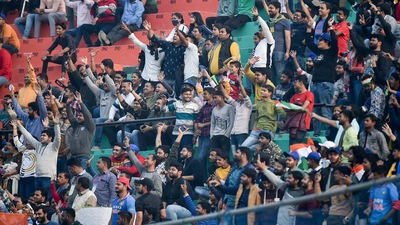 Fans cheer for Team India during third day of the first Test cricket match between India and New Zealand, at Green Park stadium in Kanpur, Saturday, Nov. 27, 2021.&nbsp; (PTI)