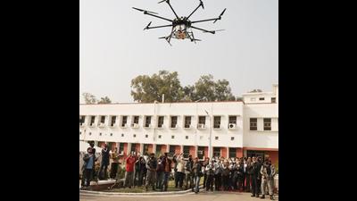 Union minister of state (Industrial charge) for Science and Technology Jitendra Singh witnesses the launch ceremony of drone-based vaccine delivery service, at Marh village, in Jammu on Saturday. (Shanky Rathore)