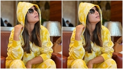 The pictures show Hina adorably posing for the camera while sitting in a hotel lounge. She can be seen dressed in trendy bright yellow attire for the clicks. Her ensemble is a perfect look for catching a long-distance flight because of its comfy appeal. You should definitely take notes from the star! (Instagram/@realhinakhan) The pictures show Hina adorably posing for the camera while sitting in a hotel lounge. She can be seen dressed in trendy bright yellow attire for the clicks. Her ensemble is a perfect look for catching a long-distance flight because of its comfy appeal. You should definitely take notes from the star! (Instagram/@realhinakhan)