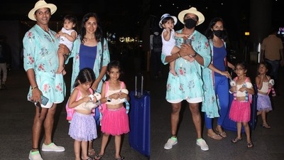 Karanvir Bohra was spotted upon his arrival at the Mumbai airport with wife Teejay Sidhu and their three daughters. While Karanvir held their 11-month-old daughter Gia Vanessa Snow Bohra in his arms, twins Raya Bella and Vienna walked along with them. (Varinder Chawla) Karanvir Bohra was spotted upon his arrival at the Mumbai airport with wife Teejay Sidhu and their three daughters. While Karanvir held their 11-month-old daughter Gia Vanessa Snow Bohra in his arms, twins Raya Bella and Vienna walked along with them. (Varinder Chawla) 