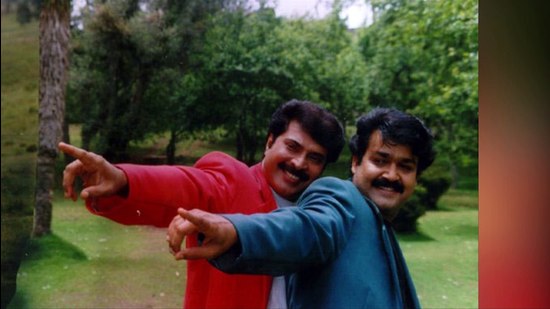 Mammootty and Mohanlal in Harikrishnans (1998), which was released with two endings, so each one could get the girl.