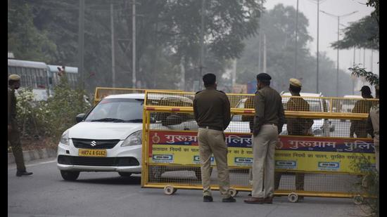 Police have set up barricades at 23 locations in the district and diverted the trucks through the KMP Expressway, Faridabad and Nuh towards other states, said officials. (HT Archive)