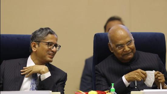 Chief Justice of India NV Ramana and President Ram Nath Kovind at the 72nd Constitution Day celebrations in Delhi. (HT Photo)