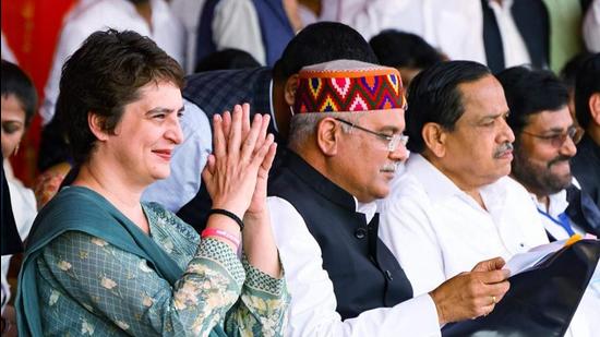Congress general secretary Priyanka Gandhi Vadra at a rally in Mahoba. Chhattisgarh chief minister Bhupesh Baghel was also present. (ANI PHOTO)
