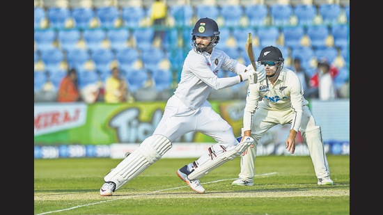 Ease, confidence and skill: Shreyas Iyer on Day 1 of the first Test between India and New Zealand, in Kanpur on Thursday. (PTI)