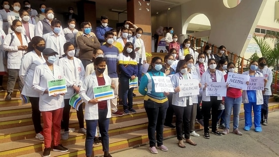 Resident doctors of Lady Hardinge Medical College observe a strike called by the Federation of Resident Doctors’ Association (FORDA) over the delay in NEET-PG counselling 2021 in New Delhi on Saturday.&nbsp;(File Photo / ANI)