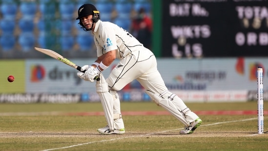 William Young of New Zealand plays a shot during the third day of the first Test match against India at Green Park Stadium, in Kanpur on Saturday. (ANI) William Young of New Zealand plays a shot during the third day of the first Test match against India at Green Park Stadium, in Kanpur on Saturday. (ANI)