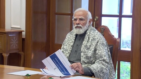 Narendra Modi during the virtual meeting on Saturday.(Photo via PMO) Narendra Modi during the virtual meeting on Saturday.(Photo via PMO)