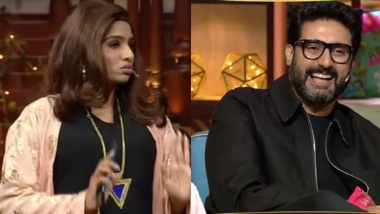 Johny Lever's daughter Jamie Lever and Abhishek Bachchan on The Kapil Sharma Show.&nbsp;